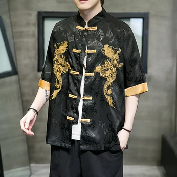 Мужская рубашка с вышивкой Золотого дракона и стоячим вырезом в стиле ретро династии Тан Hanfu, Свободный повседневный топ, дизайнерский кардиган, пальто