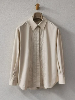 Модная женская блузка 2023, рубашка из смесового шелка и хлопка, рубашка с длинными рукавами, расшитая бисером, Повседневная женская рубашка для поездок на работу