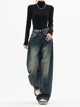 Женские джинсы с высокой талией Harajuku, винтажная уличная одежда в стиле BF, универсальные свободные модные женские джинсовые брюки с широкими штанинами