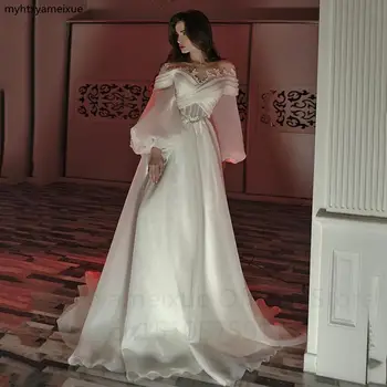 Сексуальные свадебные платья с пышными длинными рукавами 2023, трапециевидное платье невесты с кружевными аппликациями, элегантные свадебные платья из органзы