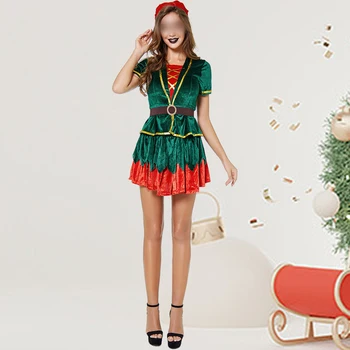 Рождественское платье с эластичной резинкой на талии в фестивальном стиле для мужчин и женщин, Рождественский комплект из 5 предметов, приталенный повседневный костюм с V-образным вырезом