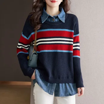 Женский пуловер и свитер на весну-осень 2023, новая лоскутная рубашка в полоску в стиле ретро, из 2 предметов, женская Нижняя одежда