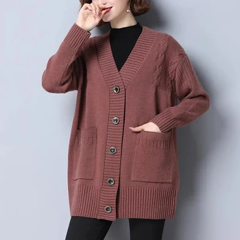 Женский вязаный кардиган большого размера, простой однобортный кардиган, свитер, одежда для мамы, кардиган с длинным рукавом и V-образным вырезом, карман для пальто