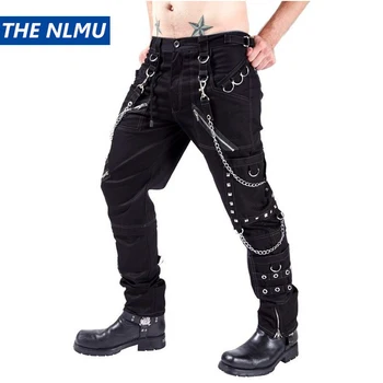 Брюки-карго в стиле панк-рок, мужские брюки в готическом стиле, Персонализированные Тонкие брюки-карандаш с металлическими заклепками, Осенняя обтягивающая одежда