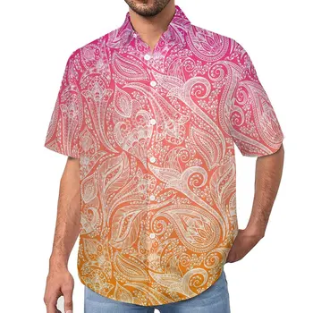 Белая свободная рубашка с пейсли, мужские повседневные рубашки с оранжевым омбре, Гавайские забавные блузки большого размера на заказ с короткими рукавами