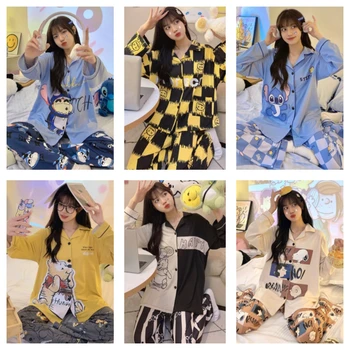 Женские пижамные комплекты Crayon Shinchan из искусственного шелка и полиэстера, домашняя одежда с милыми героями мультфильмов, женские осенние пижамы с длинными рукавами, женская пижама для сна
