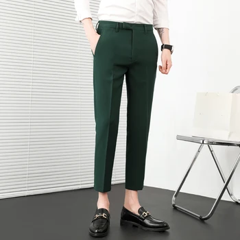 Новые однотонные деловые повседневные брюки, мужские облегающие брюки для светских банкетов, Официальные офисные брюки длиной до колен, уличная одежда