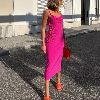 Женское сексуальное Розово-красное Тонкое длинное платье на бретелях 2023, Летние Женские Элегантные вечерние платья в складку неправильной формы, женское платье для мероприятий с открытой спиной