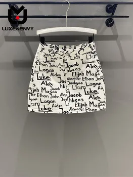 Джинсовая юбка LUXE & ENVY с буквенным принтом и высокой талией, женская летняя модная юбка трапециевидной формы с принтом 2023 года, Джинсовая юбка с запахом на бедрах