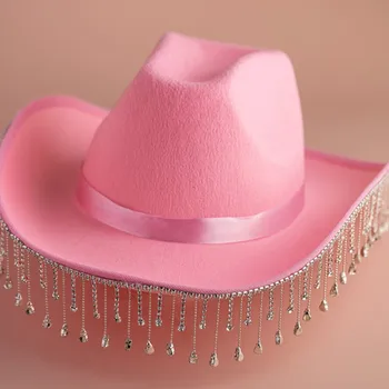 Модная ковбойская шляпа со стразами и бахромой, однотонная ковбойская кепка в западном стиле с широкими полями, джазовый цилиндр для вечеринки, свадебная вечеринка, шляпа невесты Шляпа