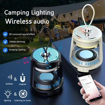 Походный фонарь Bluetooth-совместимый динамик, мощная звуковая атмосферная лампа на 360 °, Портативная уличная палатка, подвесной светильник для пеших прогулок