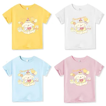 Sanrio Kawali Pompompurin, футболка с коротким рукавом, круглый вырез, мягкая модная универсальная милая детская одежда, подарок на день рождения для девочек