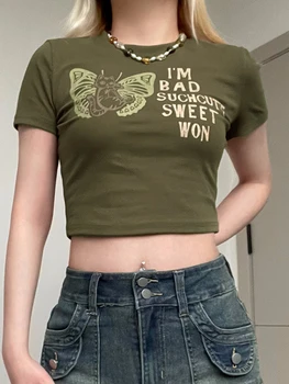 Одежда 2000-х годов, женские футболки Y2k Slim Fit, повседневные топы, уличные футболки с буквенным принтом, женская одежда, женские летние футболки