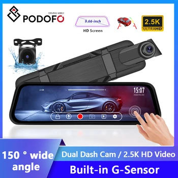 Видеорегистратор Podofo, автомобильный парковочный монитор, камера заднего вида с зеркалом 2,5 K, Видеорегистратор Full HD с 9,66-дюймовым автомобильным видеорегистратором с двумя объективами