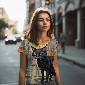 Женские футболки в стиле харадзюку с короткими рукавами, летние модные простые футболки, топы, художественная картина маслом, футболка с 3D-принтом кота.