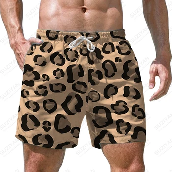 Мужские летние шорты для плавания с леопардовым принтом, плавки с 3D-печатью, повседневные спортивные пляжные шорты, Модные свободные пляжные шорты