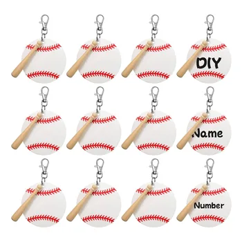 Набор заготовок для бейсбольного акрилового брелка, 12 акриловых полосок, 12 поворотных шнурков с кольцами для ключей, 12 деревянных бит, белый