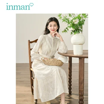 Женское платье INMAN 2023, осень, с пышными рукавами, воротник-стойка с оборками, А-образная вышивка, шнуровка на талии, элегантная длинная юбка из 100% хлопка