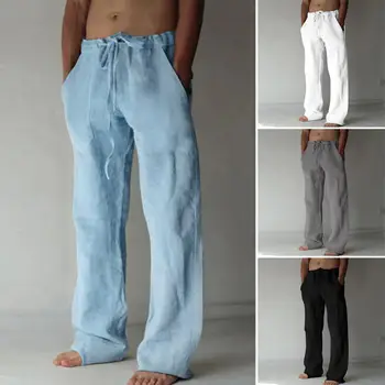 Мужские Летние хлопчатобумажные льняные брюки С прямой эластичной талией, Однотонные Свободные карманы, Брюки на шнурке, Спортивные брюки, мужские Широкие брюки