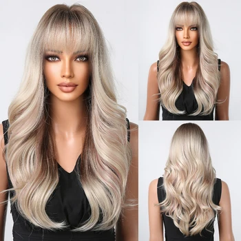 Смешанный черный синтетический парик платиновой блондинки с челкой для женщин, длинный волнистый натуральный парик для косплея, термостойкие волосы на каждый день