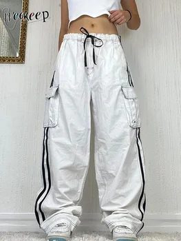 Повседневные мешковатые джинсы с низкой посадкой, карманные лоскутные модные уличные брюки-карго, женские свободные джинсовые брюки для бега трусцой в стиле ретро 90-х годов