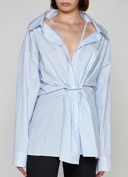 2023 осень-зима, новая модная брендовая рубашка из 100% хлопка с металлической булавкой оверсайз, свободная дизайнерская рубашка для женщин