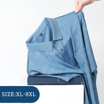 Модная мужская рубашка поло в полоску больших размеров, Летние тонкие деловые Повседневные Удобные мужские хлопковые топы с короткими рукавами 7XL 8XL