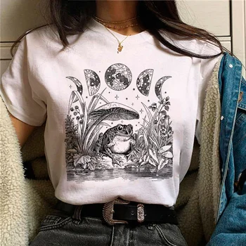 Симпатичная футболка Cottagecore с изображением лягушки, гриба, Луны, ведьмы, женская футболка с графическим рисунком, женская японская одежда