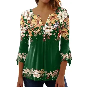 Элегантная футболка с цветочным растительным принтом, осенние женские топы-пуловеры с разрезом на пуговицах, модные женские уличные футболки оверсайз