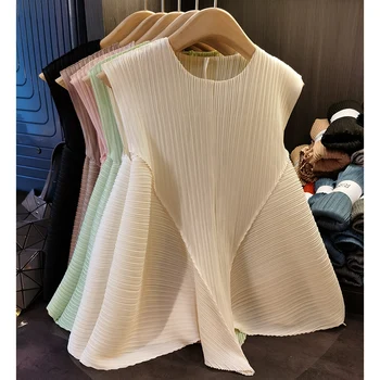 Miyake Нерегулярная плиссированная футболка Hundred Design Sense, свободные топы без рукавов, большие размеры, простая свободная женская одежда