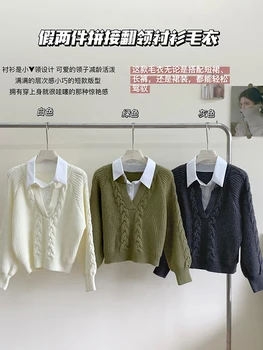 Вязаные кашемировые пуловеры Harajuku, женские Поло с воротником и длинным рукавом, осень-зима, женский свитер-двойка, Корейский оверсайз