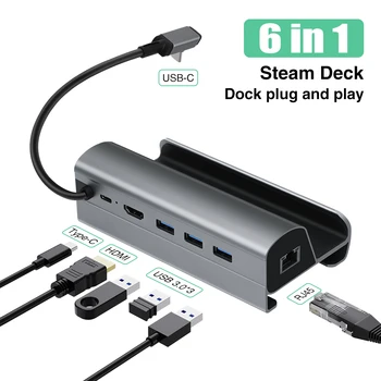 Док-станция Steam Deck 6 в 1 от usb c до 3 * USB 3.0, совместимый с HDMI, 4K @ 60 Гц Гигабитный Ethernet 1000 Мбит/с USB-C PD 60 Вт Концентратор Steam Deck