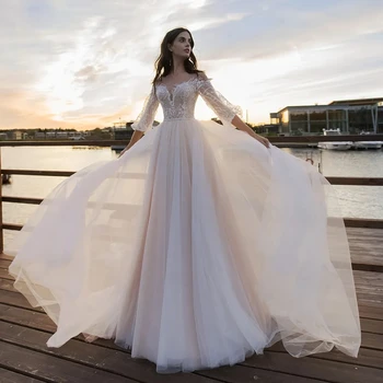 Роскошные Свадебные платья 2023 Новая Кружевная Аппликация, Сексуальное платье невесты с открытыми плечами и длинными рукавами, Классические Свадебные платья Принцессы