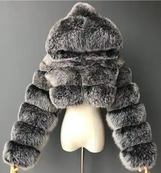 Модное Пальто из искусственного меха с капюшоном, Женское Зимнее Высококачественное Теплое Меховое пальто, Элегантная Плюшевая Укороченная куртка