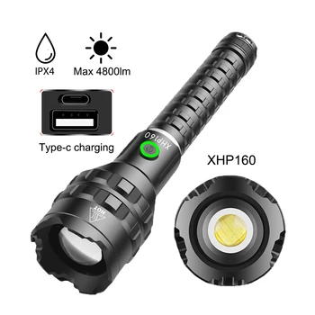 XHP160 Светодиодный фонарик 4800Lm Type-c USB Перезаряжаемый фонарик IPX4 Водонепроницаемый Фонарь с телескопическим зумом, 5 режимов работы, Лампа для кемпинга на открытом воздухе