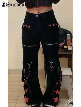 Готические Бандажные джинсы Женские Темные Академические Широкие брюки с низкой талией Harajuku Винтажные джинсовые брюки в стиле Хип-хоп в стиле Панк