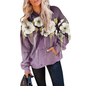 Женский осенне-зимний пуловер с цветочным принтом, толстовка с капюшоном, модный свитер с длинными рукавами, повседневный мягкий свитер Sudaderas