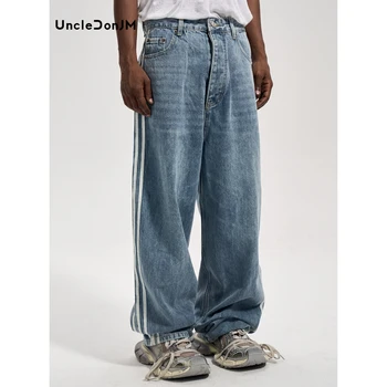Мужские джинсы с боковой полосой UncleDonJM, уличная одежда, широкие джинсы, джинсовые уличные брюки для мужчин, мешковатые джинсы, синие