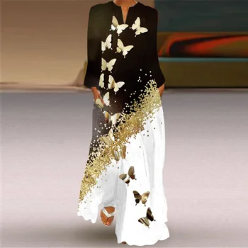 2023 Новое женское осенне-зимнее длинное платье, женские свободные вечерние платья с карманами и длинным рукавом, элегантное винтажное платье с принтом бабочки