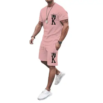 Мужские розовые футболки, комплекты Crown K, популярный дизайн, однотонная летняя одежда, костюм с коротким рукавом для мужчин, 2 предмета