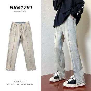 Стиранные джинсы American High Street в стиле ретро, мужские весенне-осенние модные брендовые брюки с разрезом в стиле хип-хоп, приталенного кроя, сшитые вручную