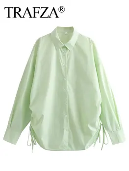 Женские рубашки TRAFZA 2023, новая однотонная свободная рубашка с длинным рукавом, женская рубашка на пуговицах для поездок на работу, винтажные офисные женские блузки Mujer