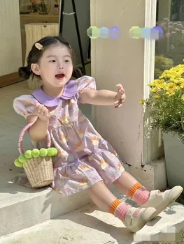 Летнее платье с короткими рукавами для девочек 2023, новая детская рубашка в корейском стиле, Тонкая юбка принцессы в клетку с медвежонком, летнее платье