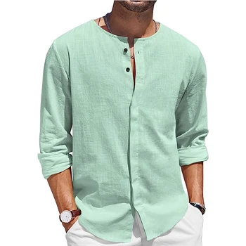 Мужская хлопчатобумажная льняная рубашка, футболка с длинным рукавом и воротником на пуговицах, повседневные пляжные рубашки и блузки