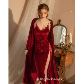 Элегантное Бордовое кружевное свадебное платье, женское платье, теплый бархатный халат, комплект одежды для отдыха, Зимнее Новое Кимоно, ночная сорочка