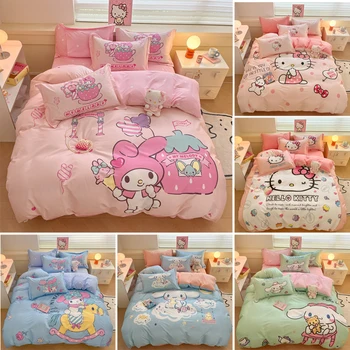 Sanrio Комплект Постельных Принадлежностей Hello Kitty Melody Cinnamoroll 100%хлопок King Queen Полноразмерный Пододеяльник Простыня Наволочка Домашний Текстиль