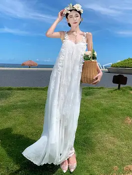 Женское модное летнее свободное платье-комбинация, белое сексуальное клубное сетчатое платье-бабочка с V-образным вырезом, длинными рукавами и открытой спиной, праздничные сказочные длинные платья