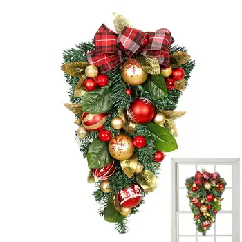 Рождественский Венок на дверь, Искусственная Сосна, Рождественский Венок С зелено-золотыми листьями и безделушками, декор в виде банта, Зимнее Рождество