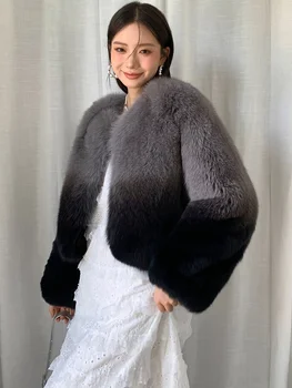 Натуральная овчина, натуральное пальто, женские короткие Модные градиентные цвета, Роскошный Натуральный мех лисы, Пушистые теплые зимние куртки