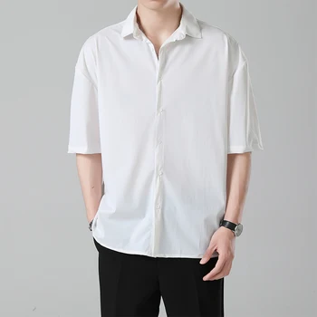 Летние деловые повседневные рубашки с короткими рукавами для мужчин Корейская мода, Тонкая мешковатая эластичная офисная брендовая одежда, мужская Черно-серая